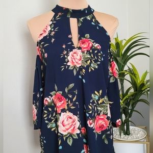 Monteau Rose Print Cold Shoulder Top